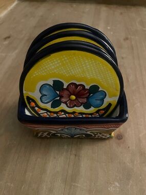 Maravillas Hand-Painted Ceramic Coaster Set with Floral Motif - Yellow & Blue